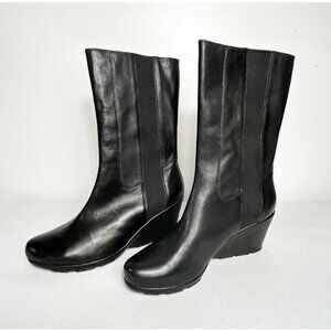 Johnston & Murphy Women's Leather Pull On Calf Wedge Boots in Black - Sz 10M